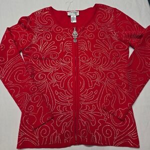 Talby Taylor Paris Rome Red Embellished Rhinestone Zip Front Cardigan Sz 12